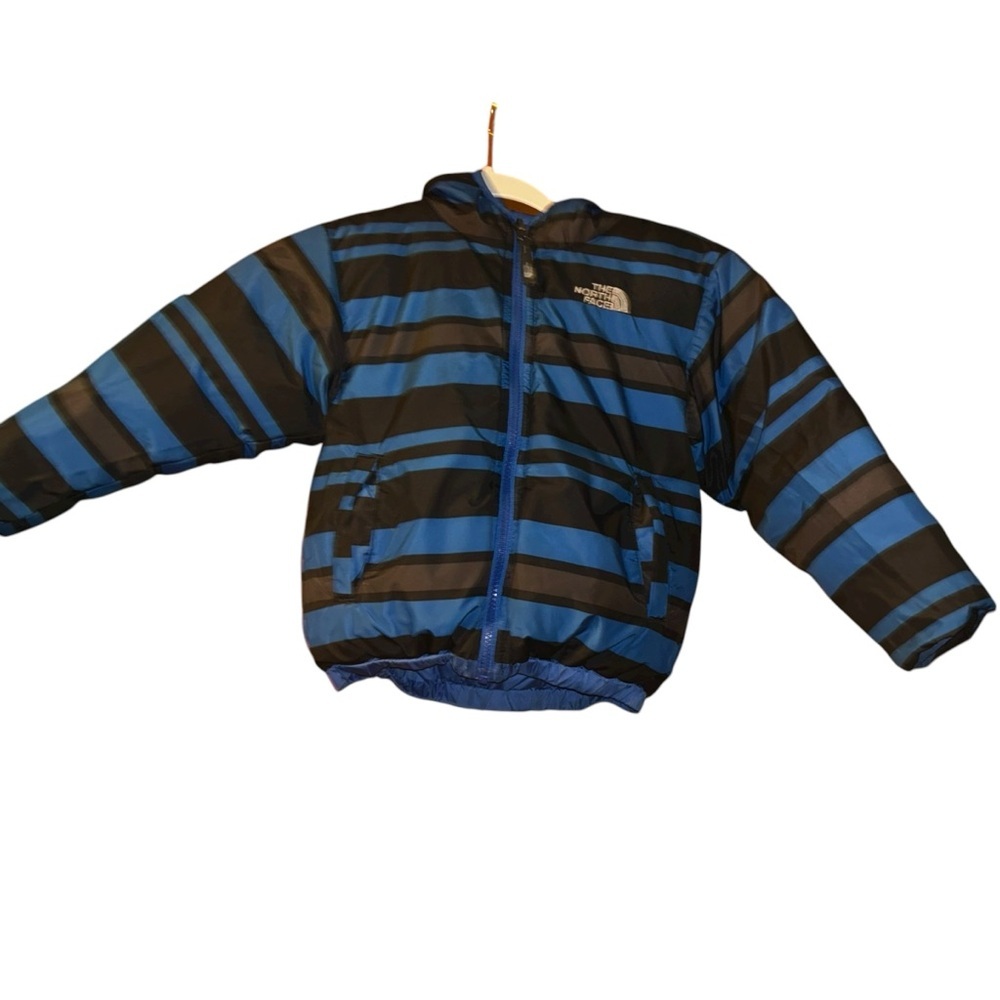 North face blue stripe reversible hooded coat toddler kids size 5 child xxs